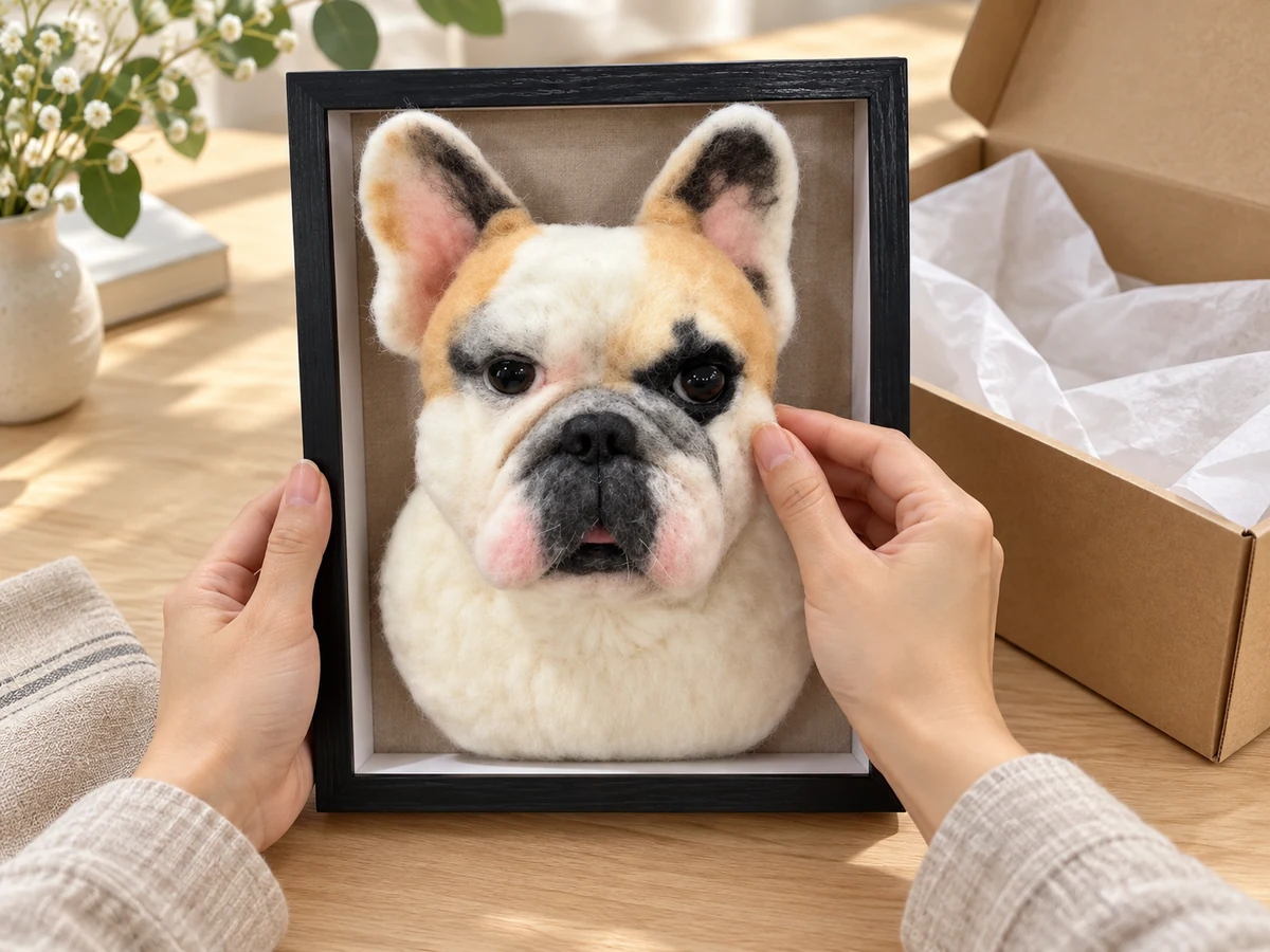 Checking a French bulldog wool portrait before packing
