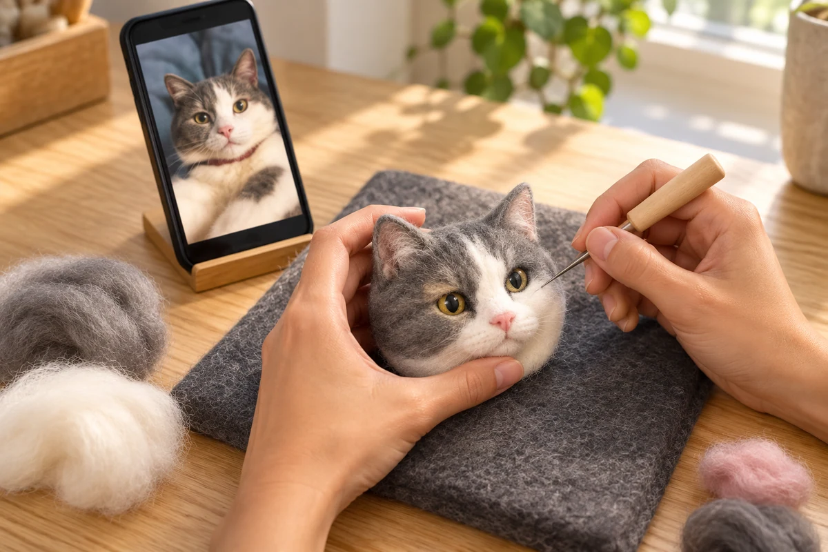 Needle-felting a gray and white cat with a reference photograph
