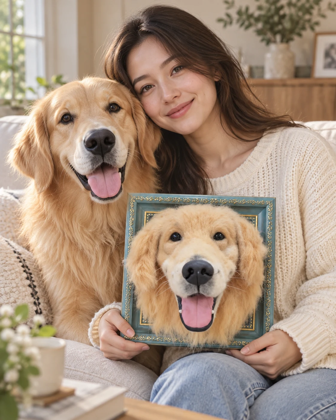Golden retriever with a pet parent and a teal-framed wool portrait