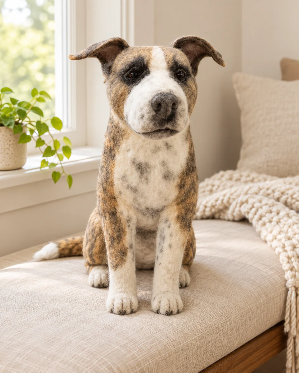 Brindle and white wool dog sculpture beside a window
