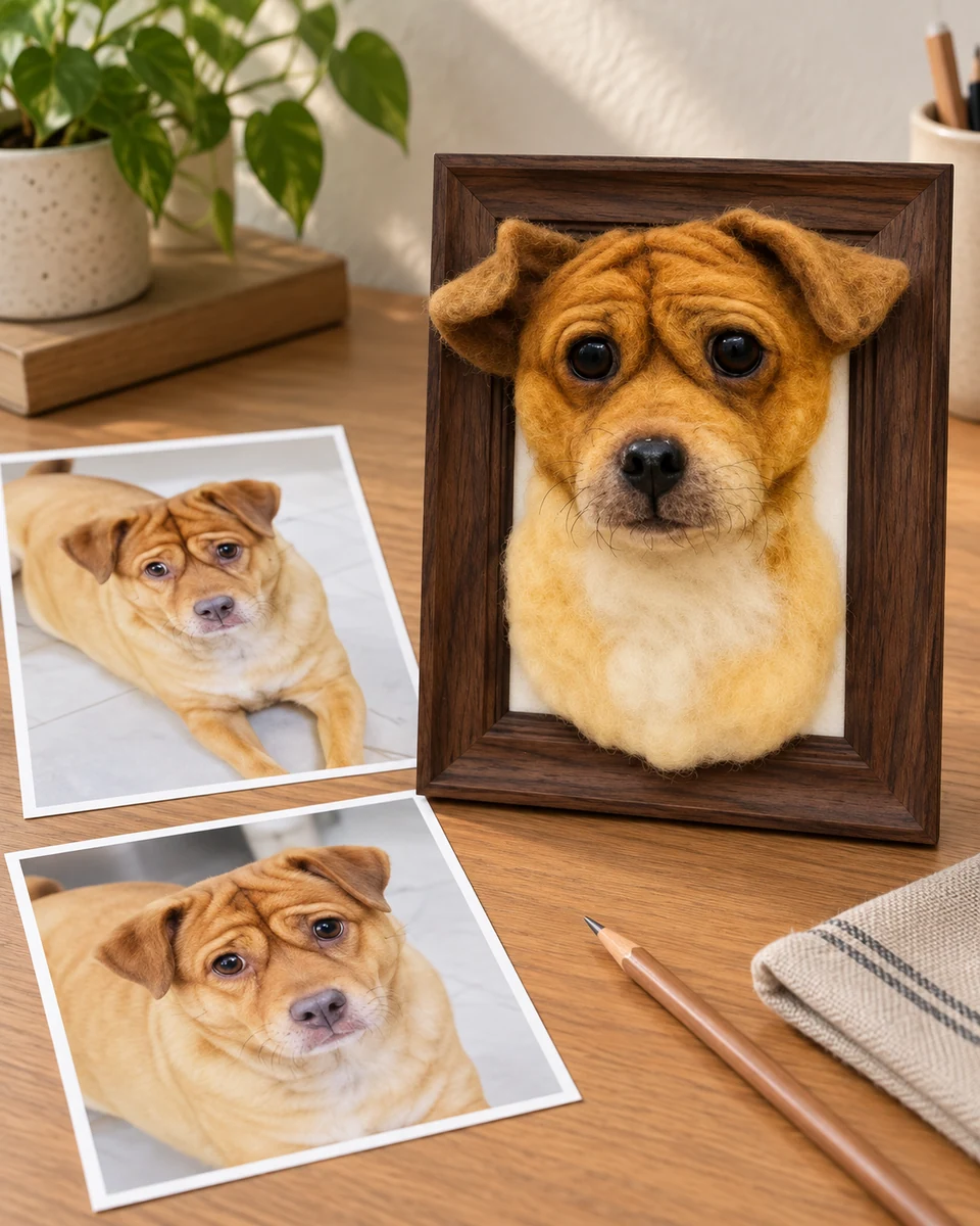 Tan wool portrait with two original pet photographs
