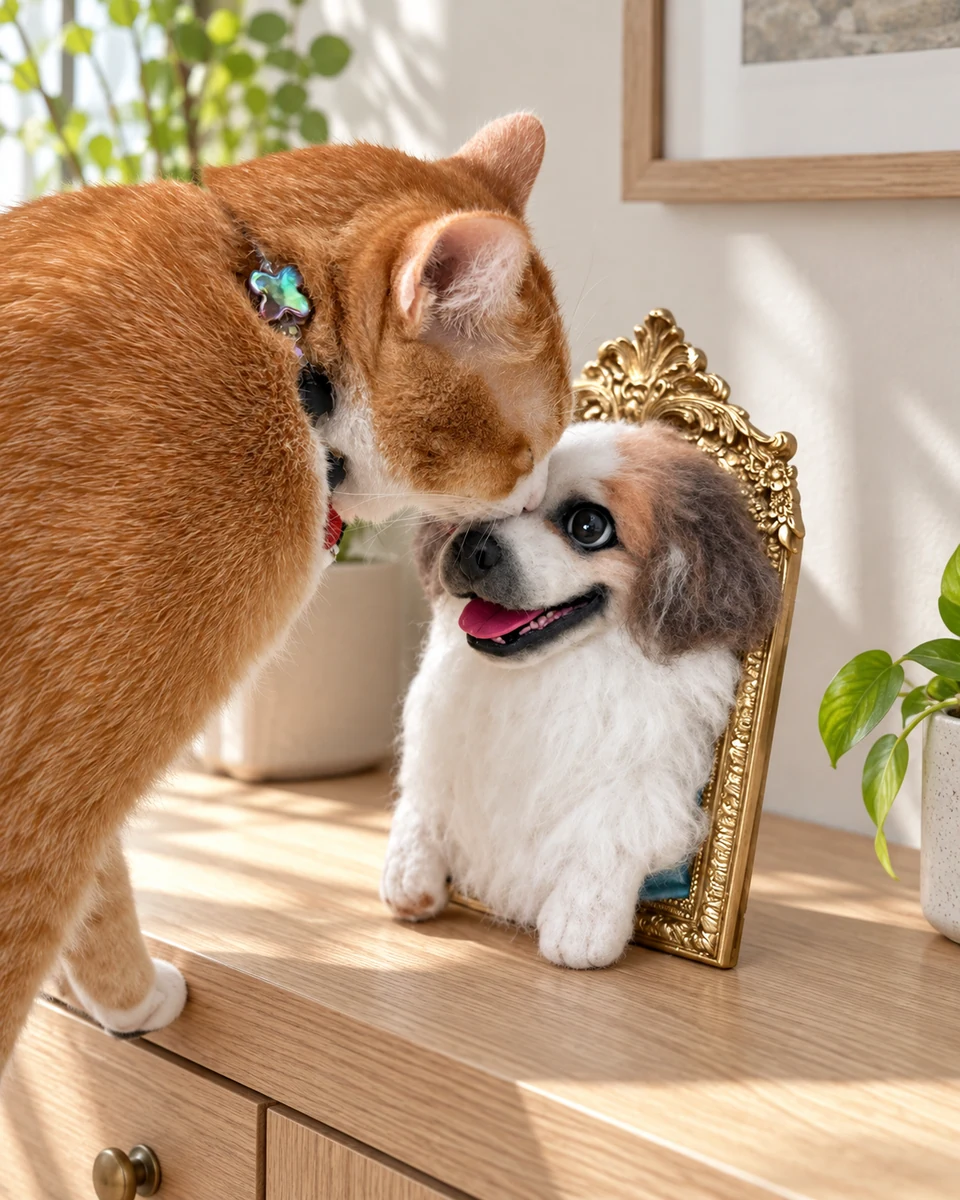 A real cat meeting its handcrafted wool felt portrait
