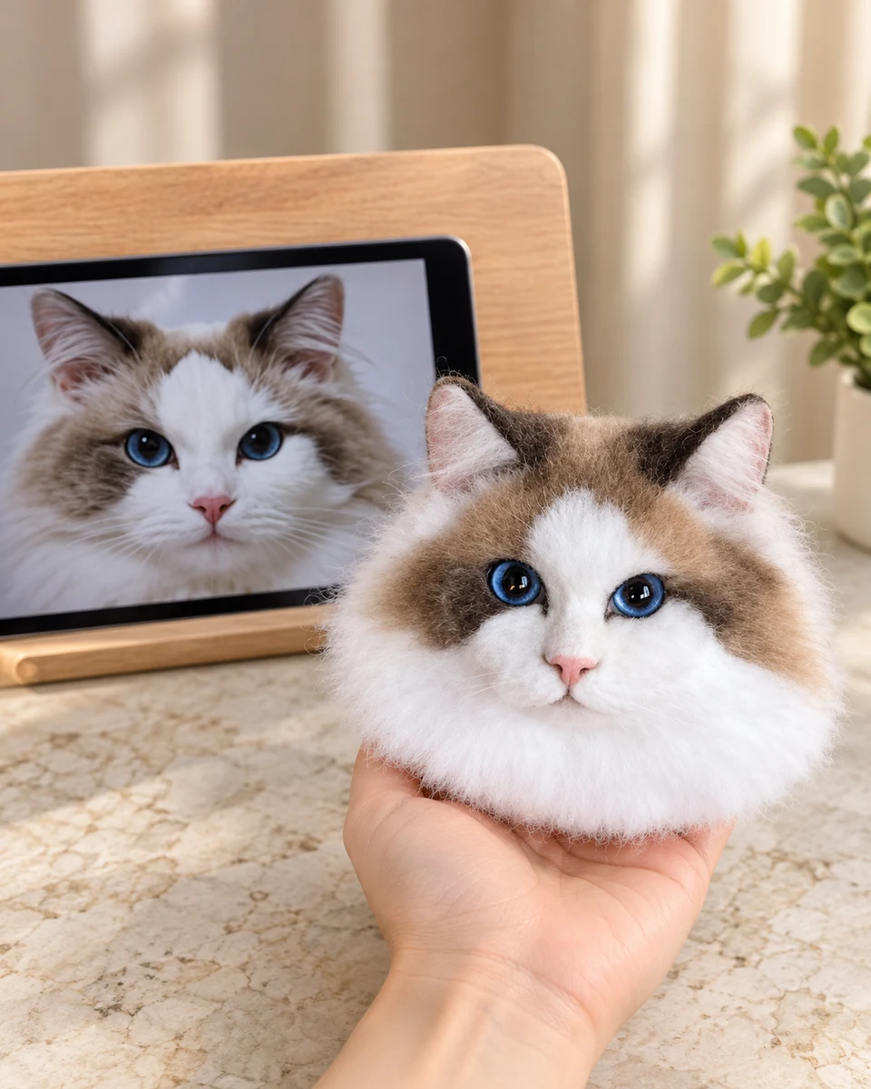Ragdoll wool portrait held beside the original cat photograph
