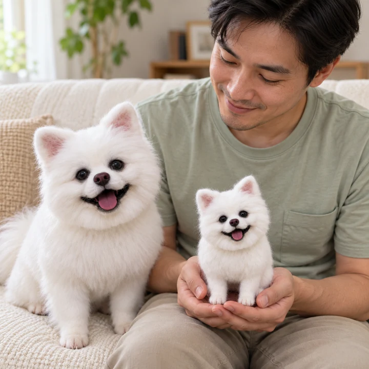 White Pomeranian with its owner and miniature wool sculpture