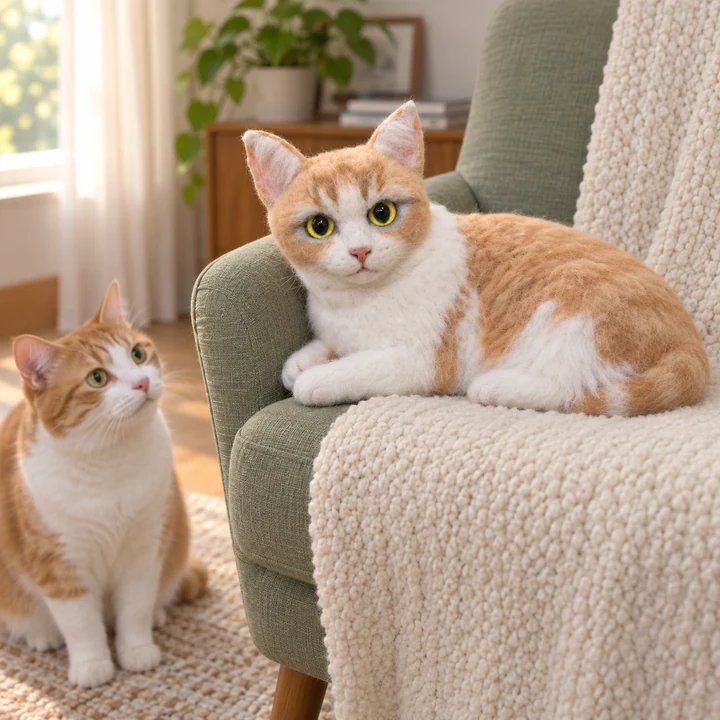 Orange cat and wool sculpture in a cozy living room