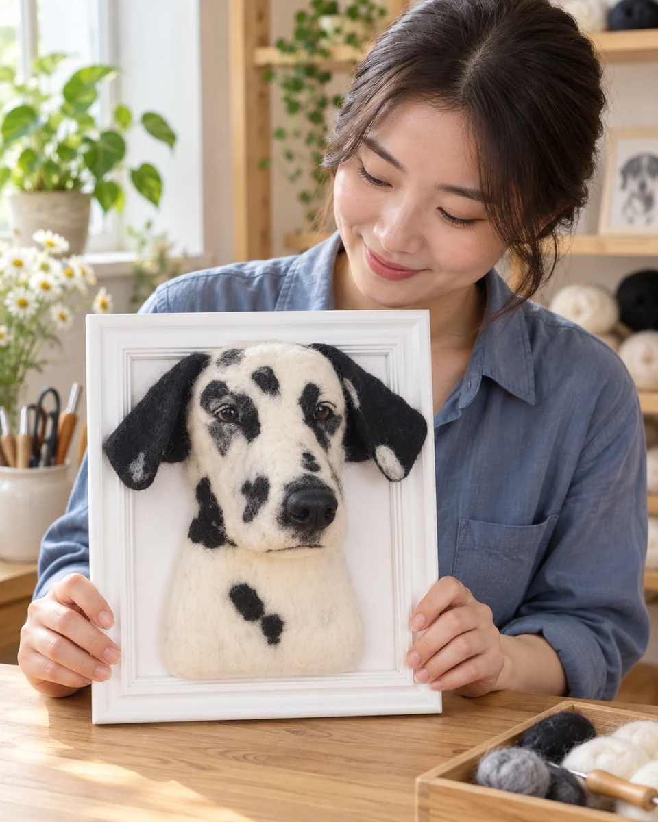 A maker holding a framed Dalmatian wool portrait